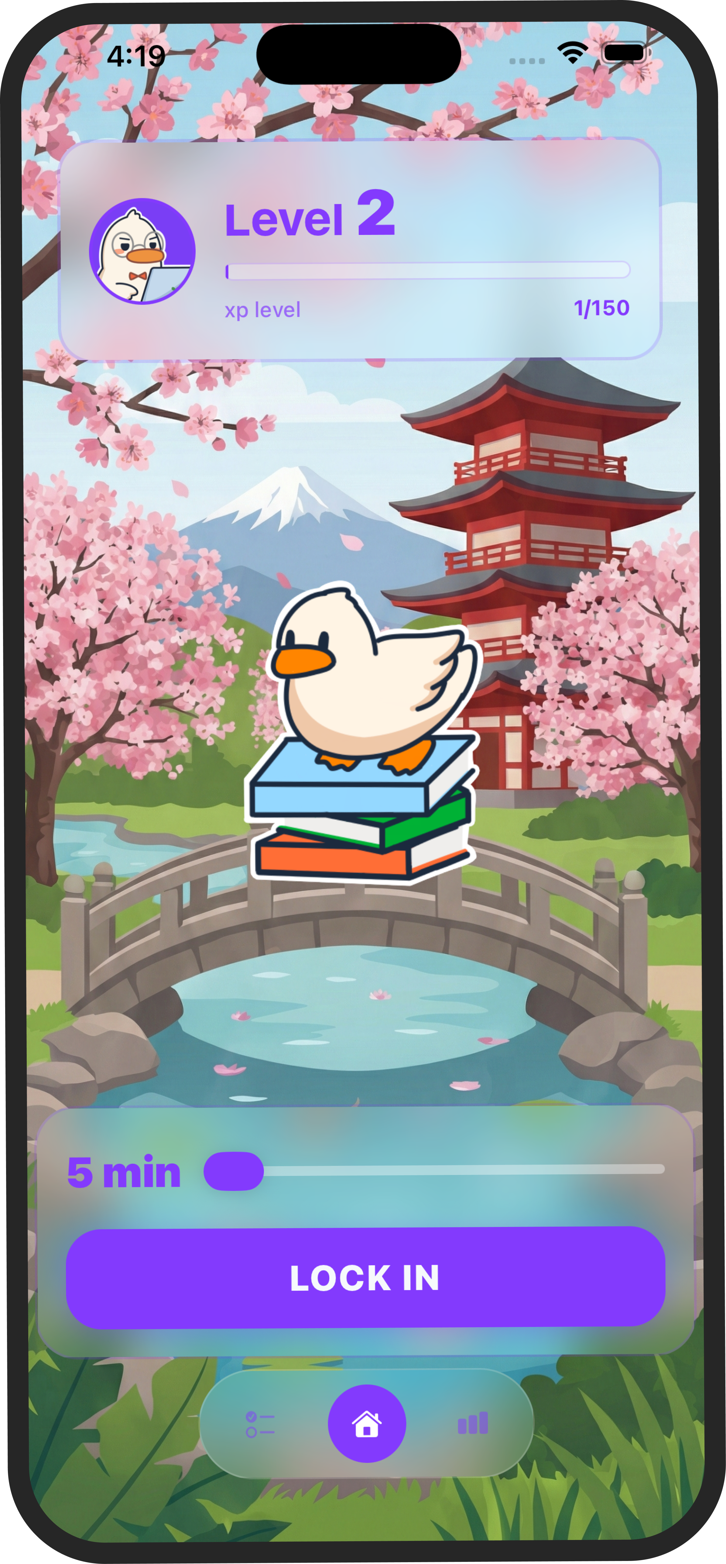 Lokin app — focus session with duck mascot